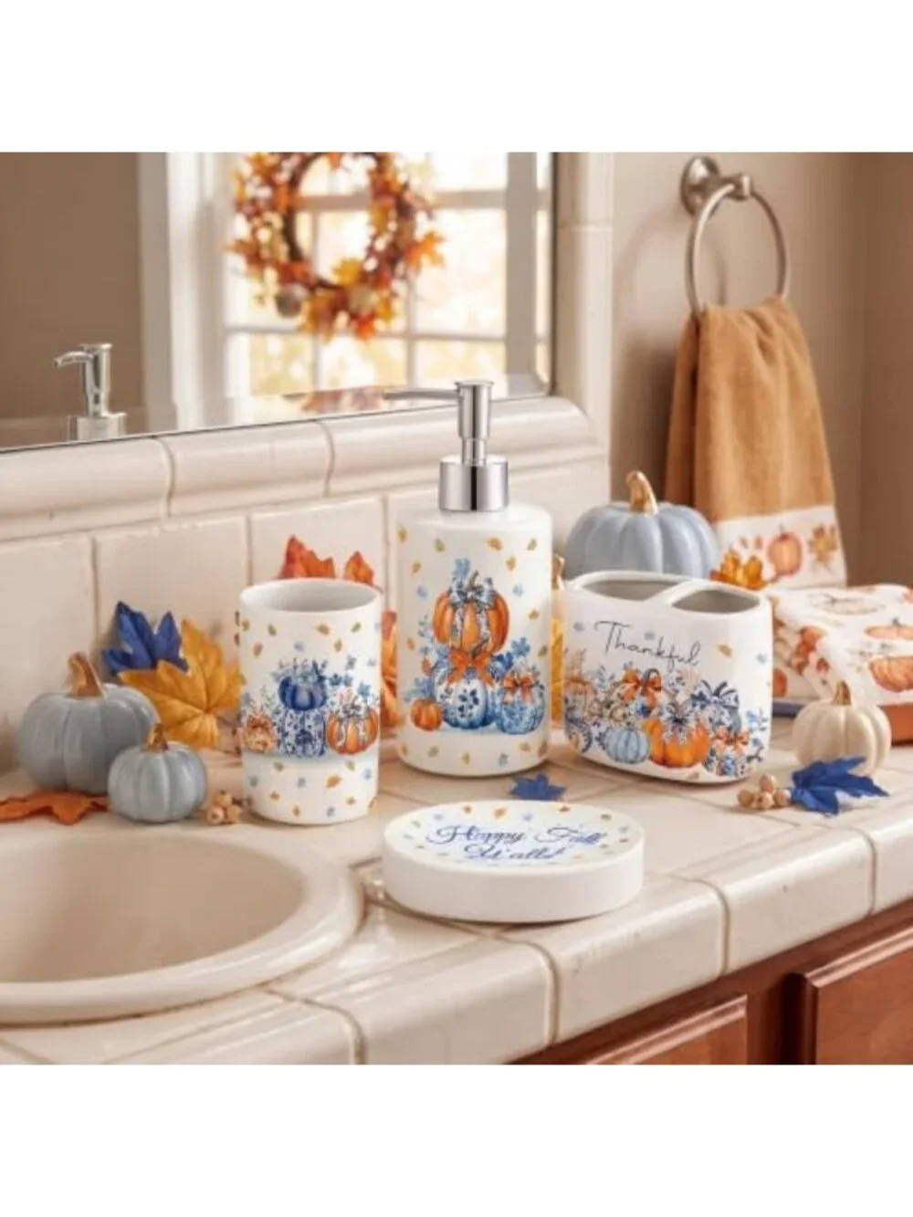 4-Piece Fall Ceramic Bathroom Set - Blue & White Pumpkin Decor, Soap Dispenser